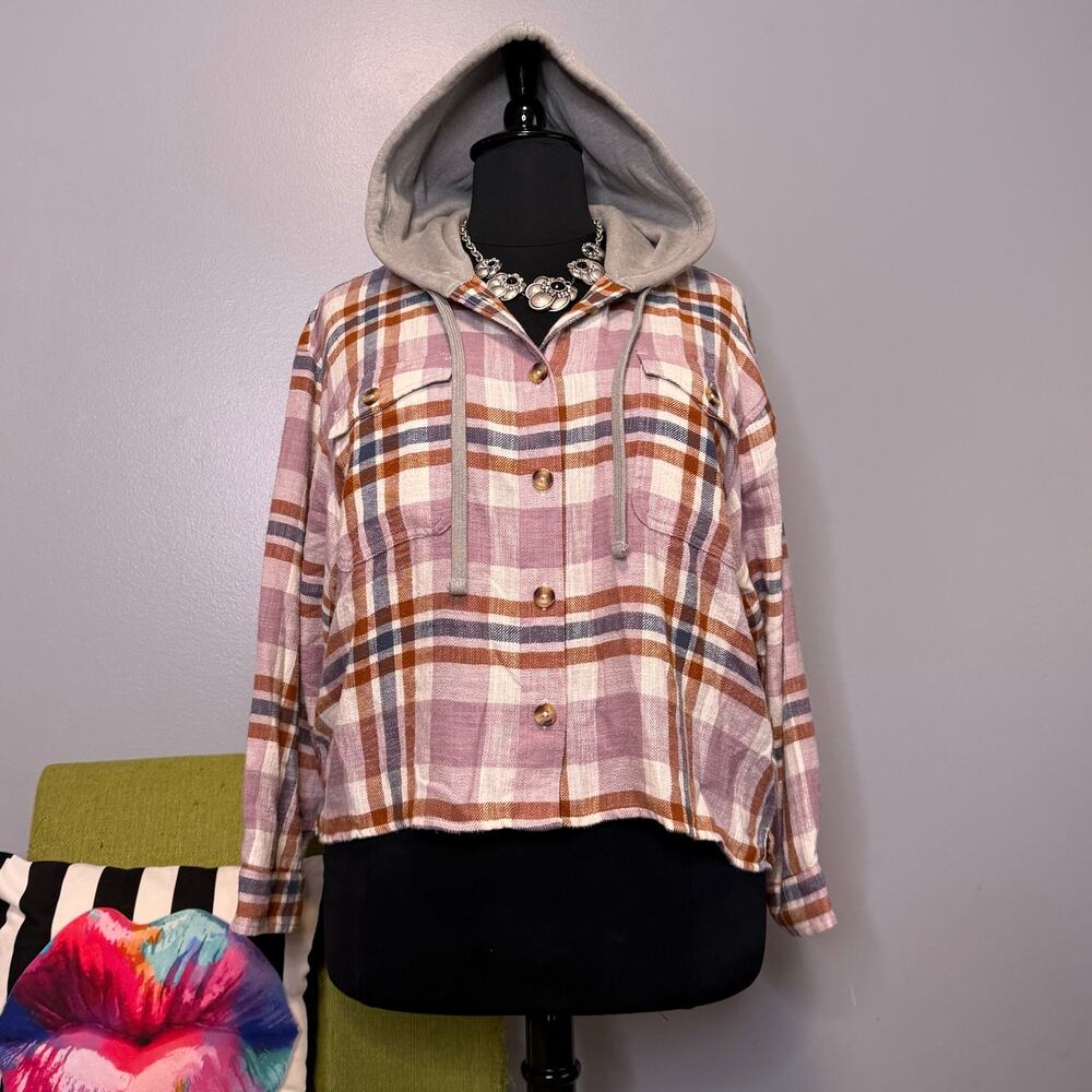 Lucky Brand Plaid Cropped Button Up Hoodie Jacket XL